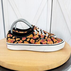Vans Authentic Leopard Print Lace Up Sneakers Shoes Black Orange 7.5 Women 6 Men